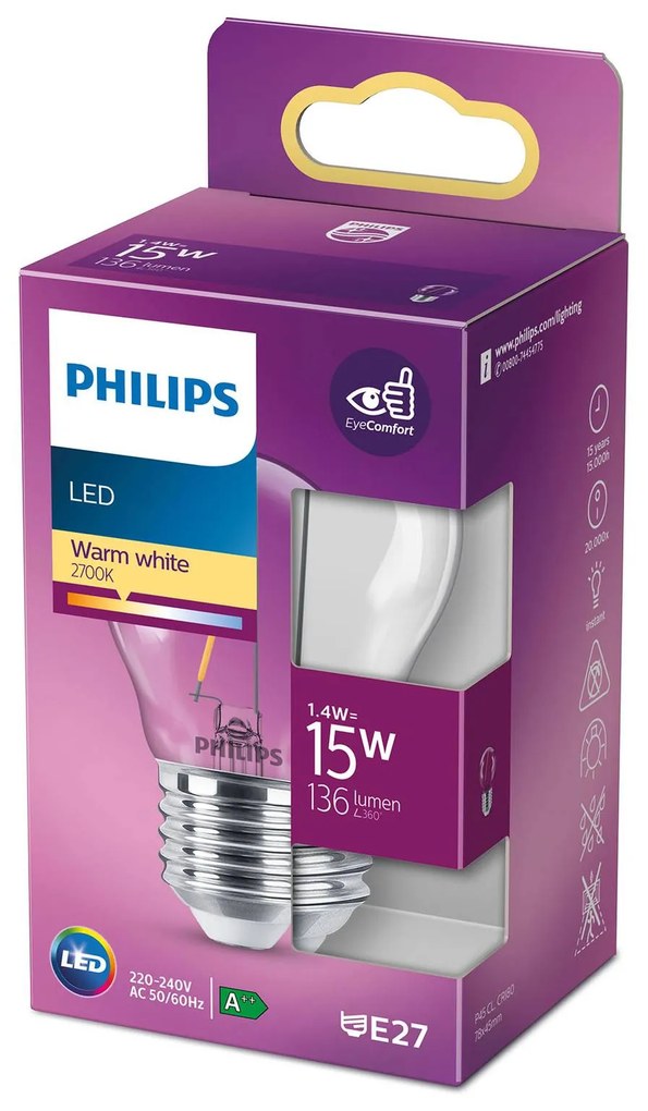 Philips Classic kvapková LED E27 P45 1,4W číra