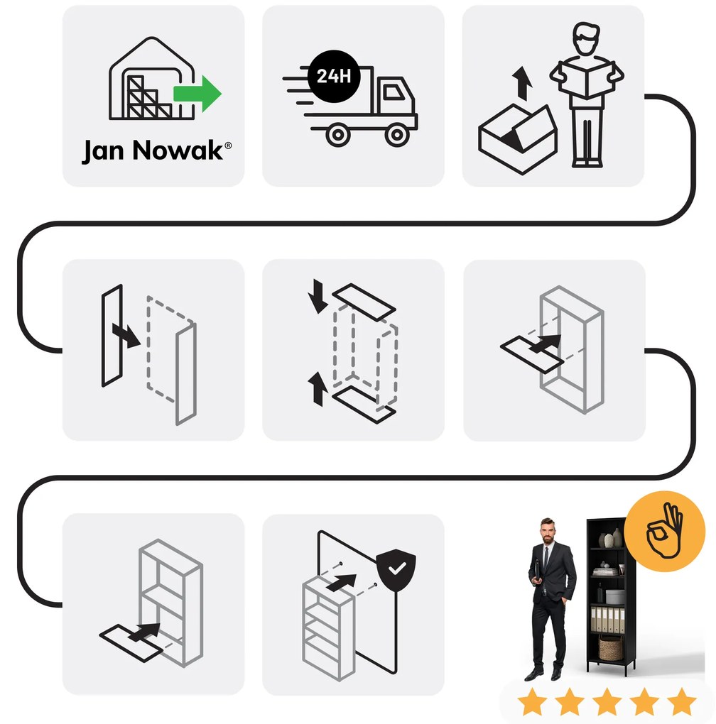 Čierny kovový regál na knihy MARIO Modern 500 x 1800 x 350 mm