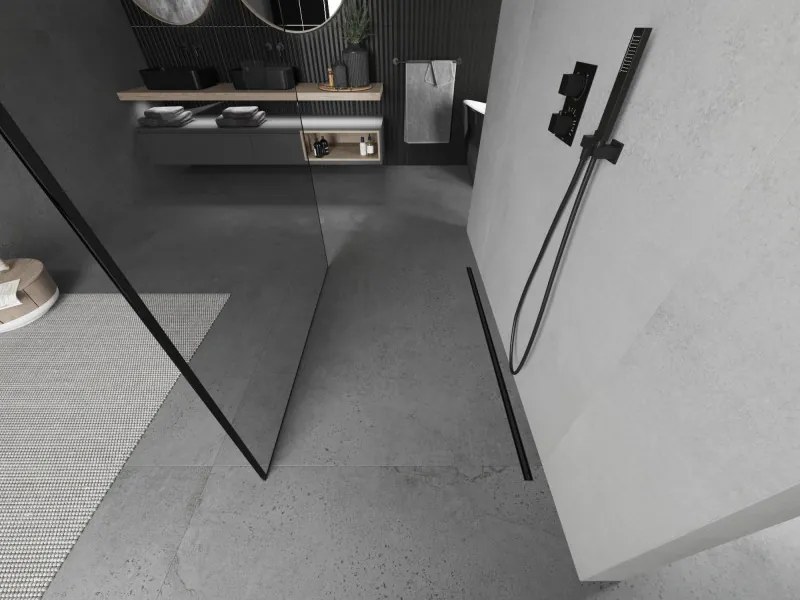 Mexen Kioto, priechodná sprchová zástena 130 x 200 cm, 8mm sklo číre/čierny vzor, 2x čierna stabilizačná rozpera, 800-130-002-70-70