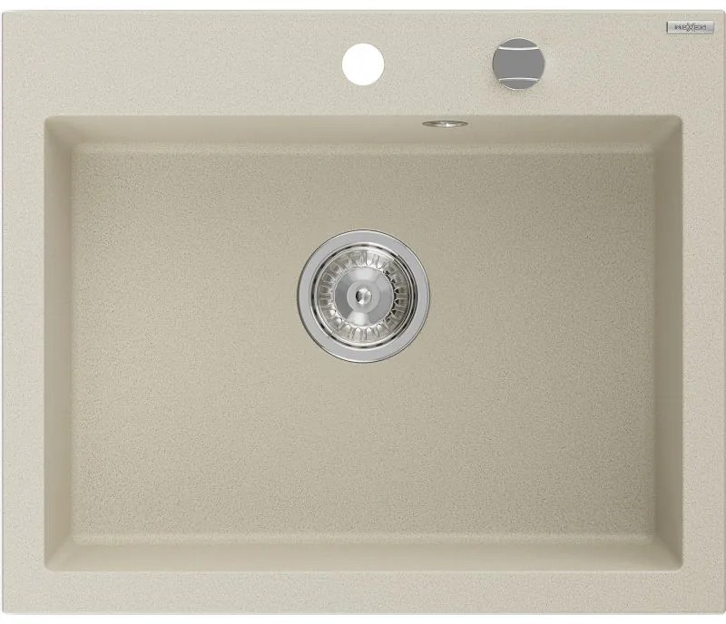 Mexen Elix, 1-korový granitový drez 600 x 500 mm, béžová, chrómový sifón, 6525601005-69