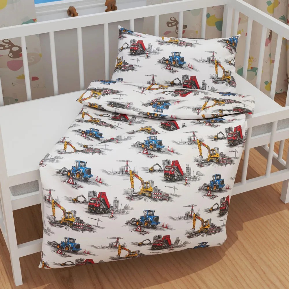 Biante Detské bavlnené posteľné obliečky do postieľky Sandra SA-578 Nákladiaky a bagre na bielom Do postieľky 90x130 a 40x60 cm