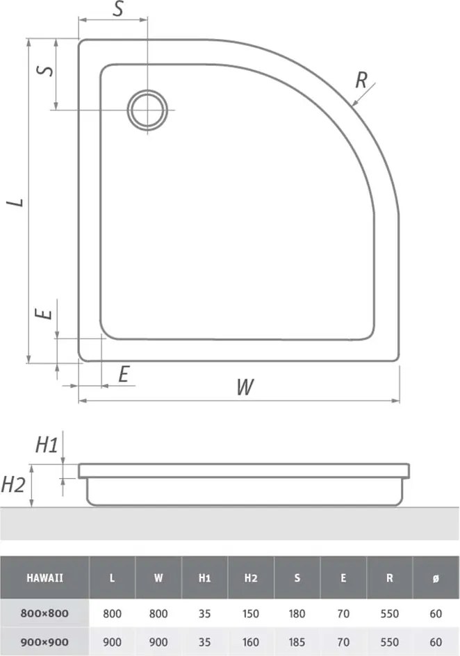 Roth Štvrťkruhová akrylátová sprchová vanička HAWAII ROTH-Variant: rozmery: 90x90 cm - (HAWAII 900 - 8000026)