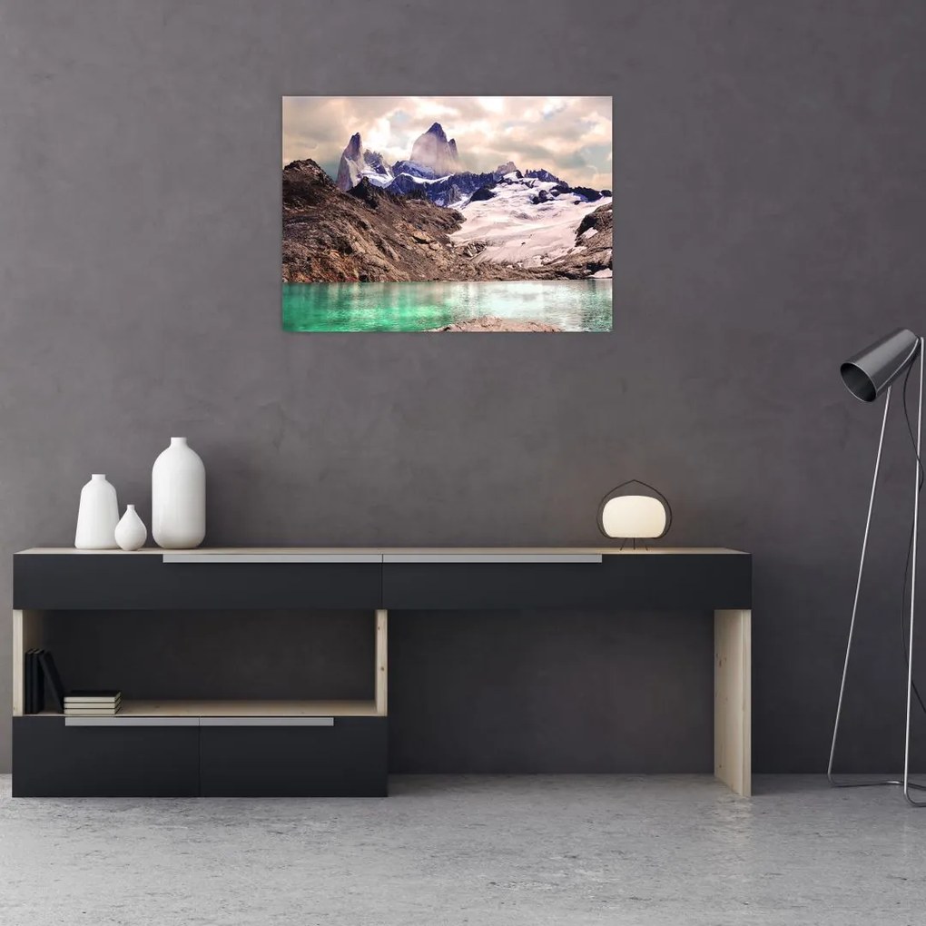 Sklenený obraz horského jazera (70x50 cm)