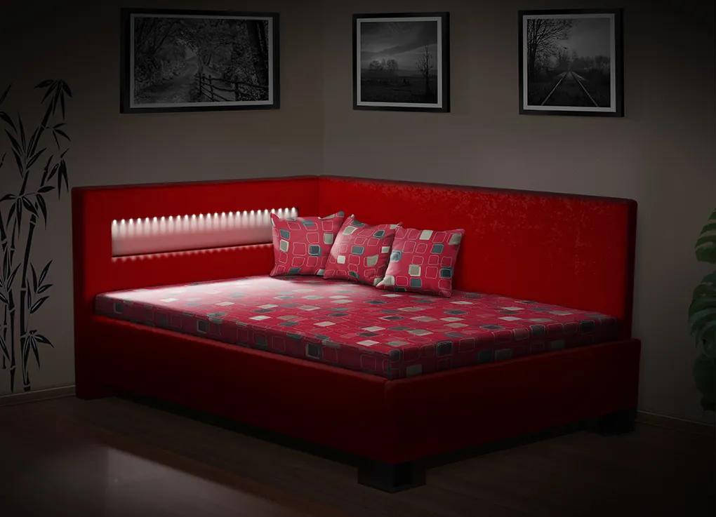 Nabytekmorava Čalúnená posteľ s úložným priestorom Mia Robin 160 cm s LED osvetlením matrac: bez matrace, farebné čalúnenie: červená, úložný priestor: s úložným priestorom