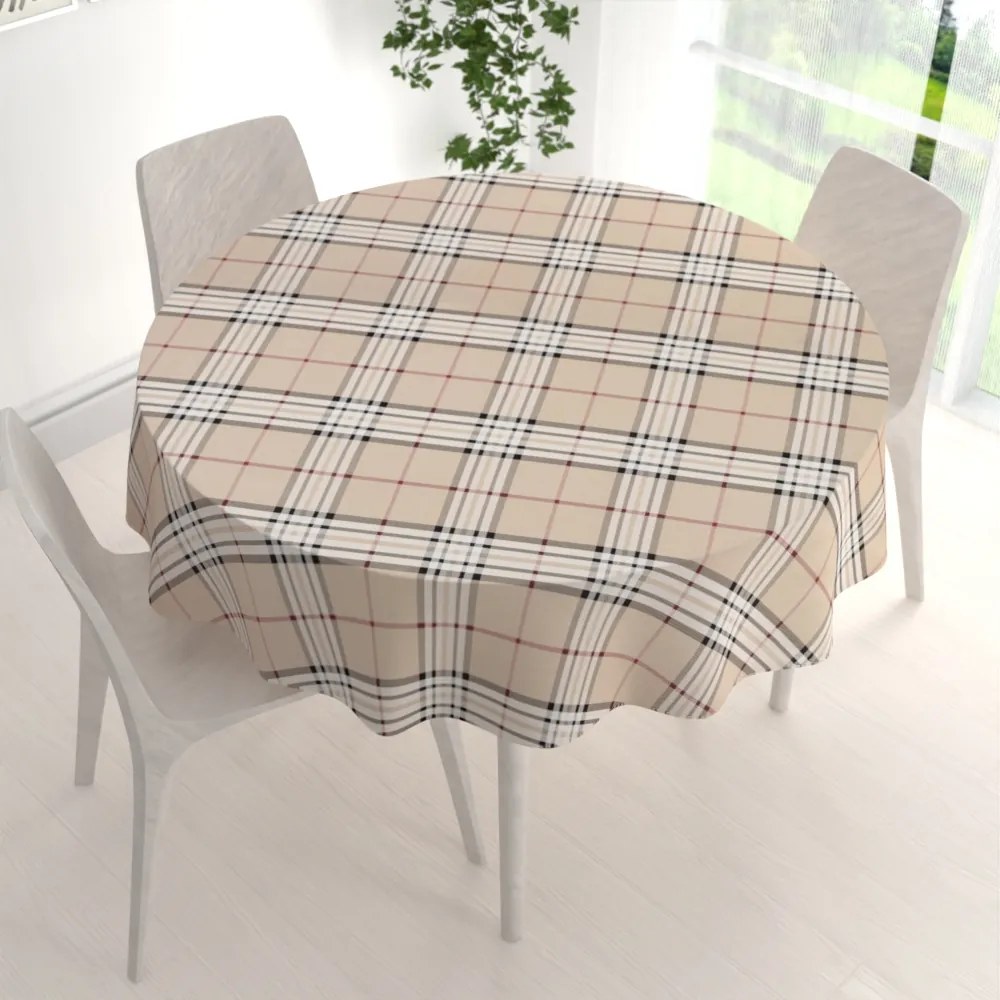 Biante Bavlnený okrúhly obrus Sandra SA-548 Čierno-červeno-biele káro na béžovom Ø 40 cm