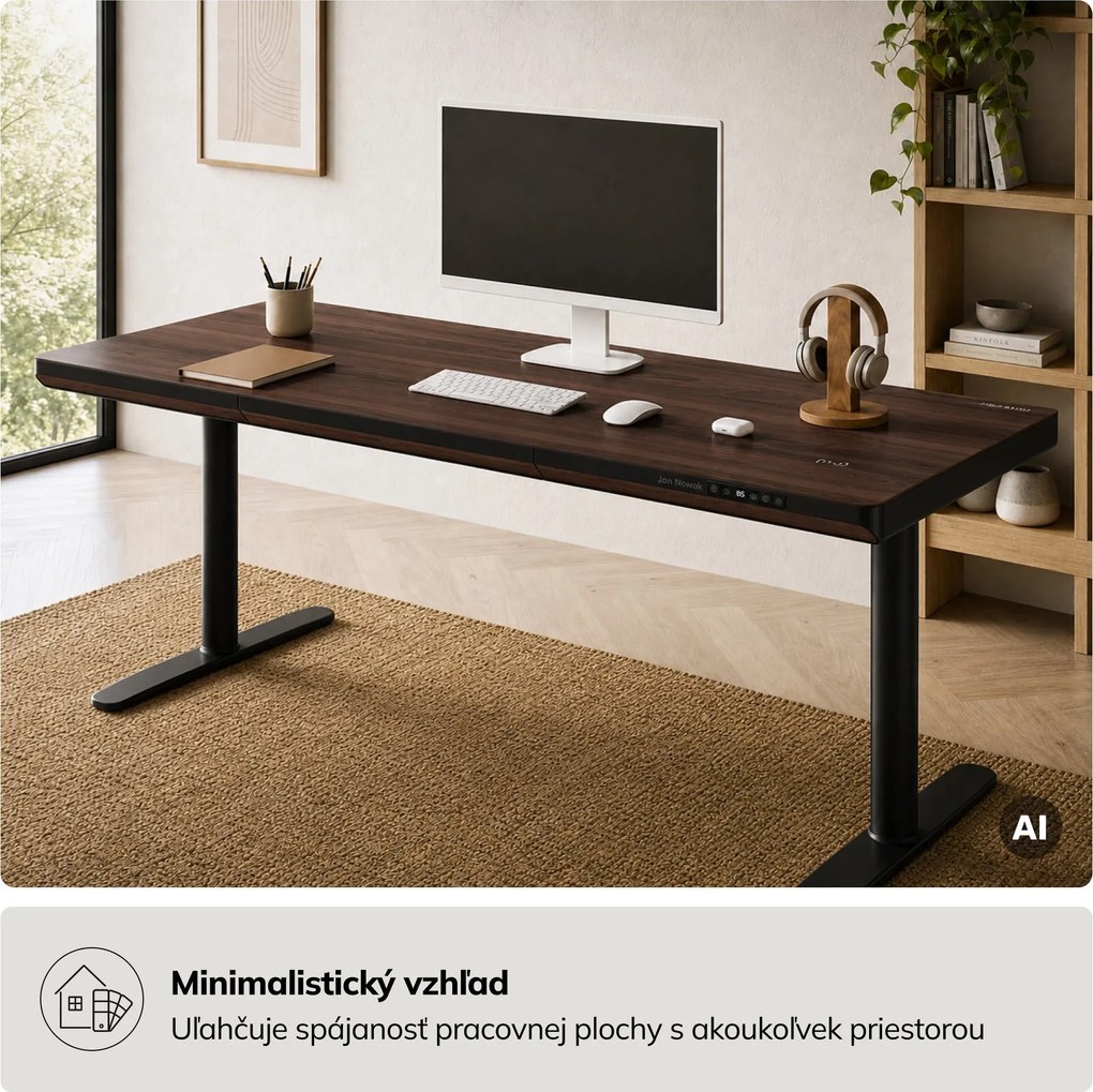 Elektrický písací stôl sit-stand so zásuvkou a bezdrôtovou nabíjačkou Qi čierny/orech, 1600 mm: ELLIS