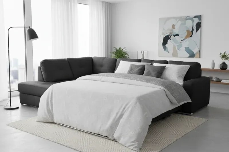 Kožená sedacia súprava s rozkladom na každodenné spanie ALEXIE – rohová, ľavá, čierna (nero 308)