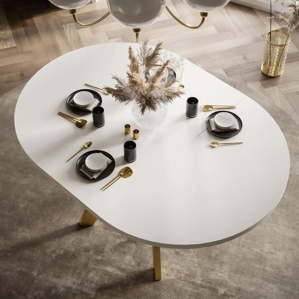 OKRÚHLY ROZKLADACÍ JEDÁLENSKÝ STÔL EWALD BIELY MATNÝ + ZLATE NOHY 100/140 cm