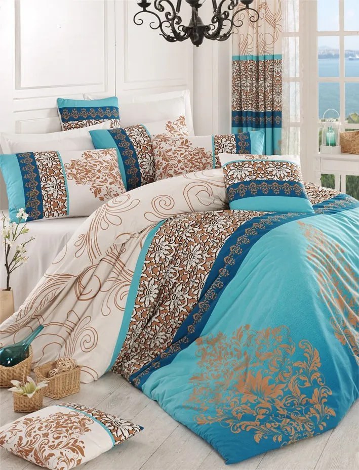 Bavlnené obliečky na dvojlôžko s plachtou Katre 200x220 cm tyrkysovo-biele