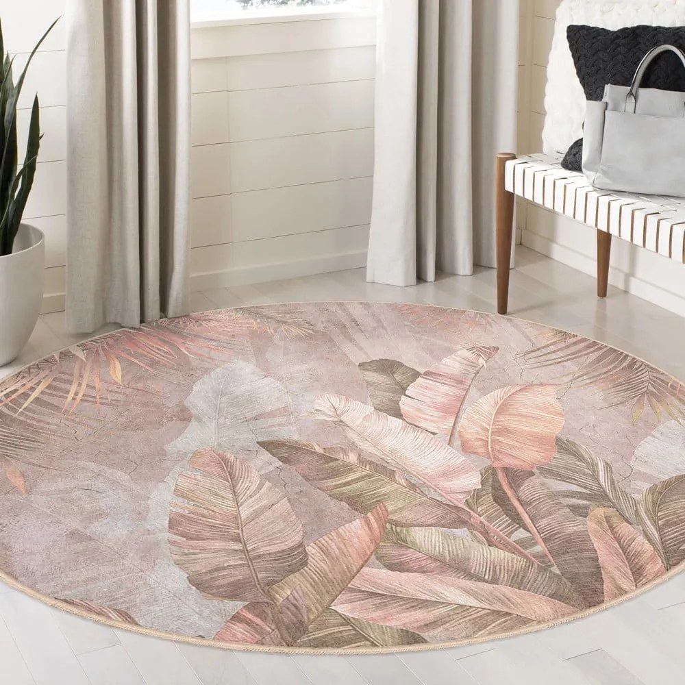 Svetloružový prateľný okrúhly koberec ø 100 cm Dusty Leaves – Mila Home