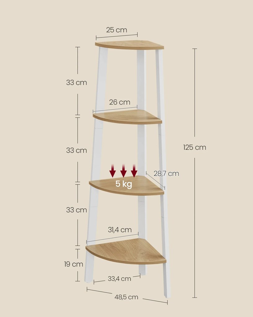 Knižnica do rohu, 4-poschodová rebríková polica 33×33×125 cm, prírodná - biela farba