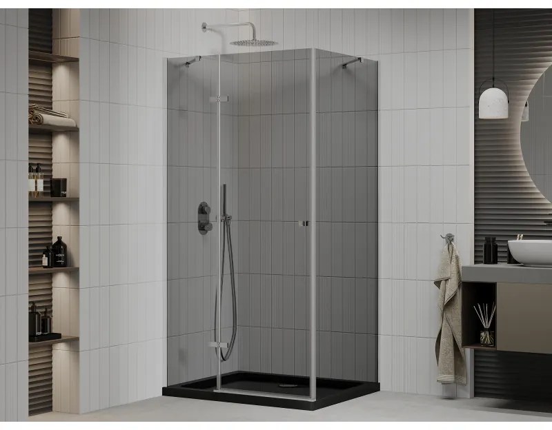 Mexen Roma, sprchový kút s krídlovými dverami 120 (dvere) x 90 (stena) cm, 6mm šedé sklo, chrómový profil + slim sprchová vanička čierna + chrómový sifón, 854-120-090-01-40-4070