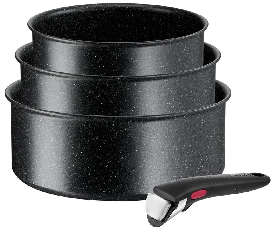 Hliníkové hrnce v súprave 3 ks s nepriľnavým povrchom/s odnímateľnou rukoväťou na indukčný varič INGENIO Black stone L3998902 – Tefal