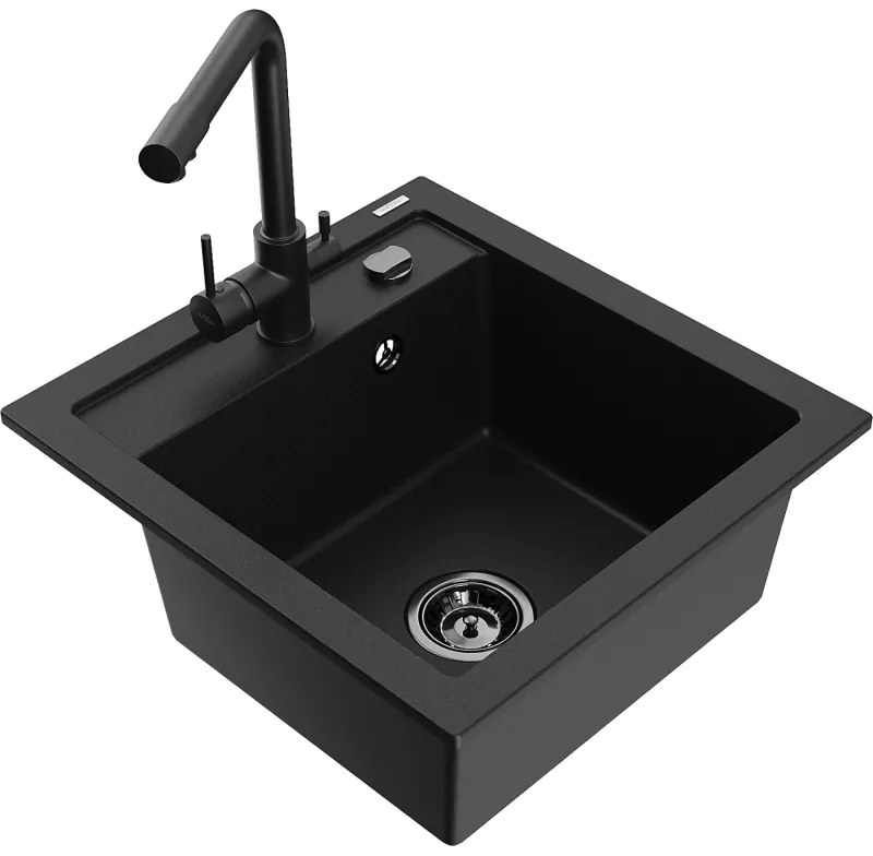 Mexen Vito, 1-komorový granitový drez 520x490x210 mm, čierna batéria Duero, čierna, 6503-77-671600-70-B