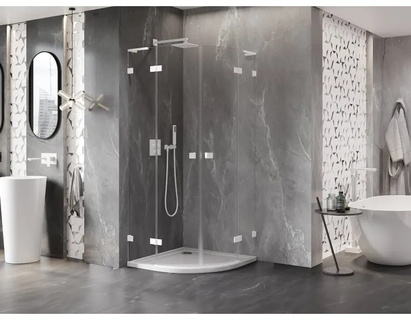 Mexen Lunar, L polkruhový výklopný sprchový kút 90 x 90 cm, 8mm číre sklo, biely profil, 833L-090L-090P-20-00