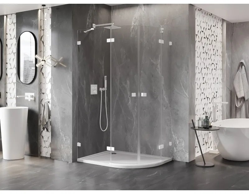 Mexen Lunar, polkruhový sprchový kút naklápací doľava 80 x 70 cm, 8mm číre sklo, biely profil, 833-080L-070P-20-00
