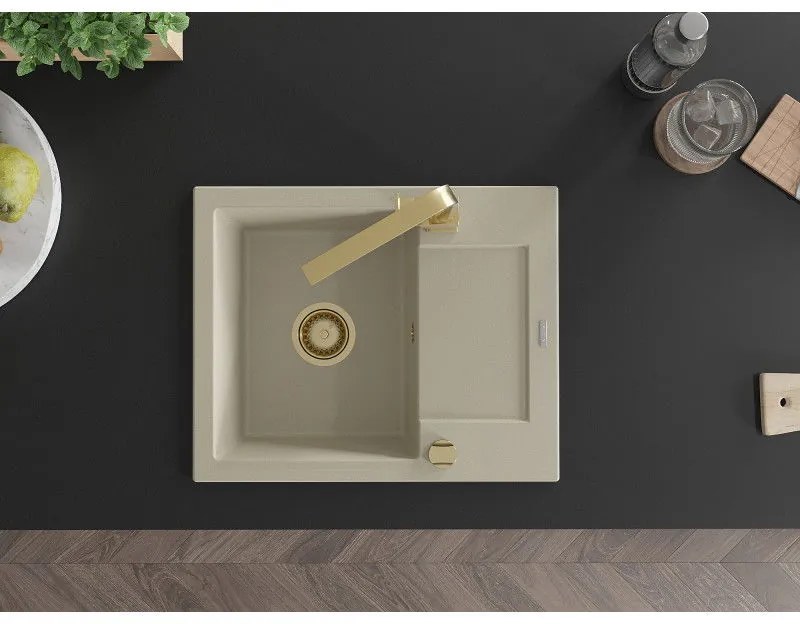 Mexen Enzo, granitový drez 576x465x174 mm, 1-komorový, zlatá batéria Rita, béžová, 6506-69-670300-50