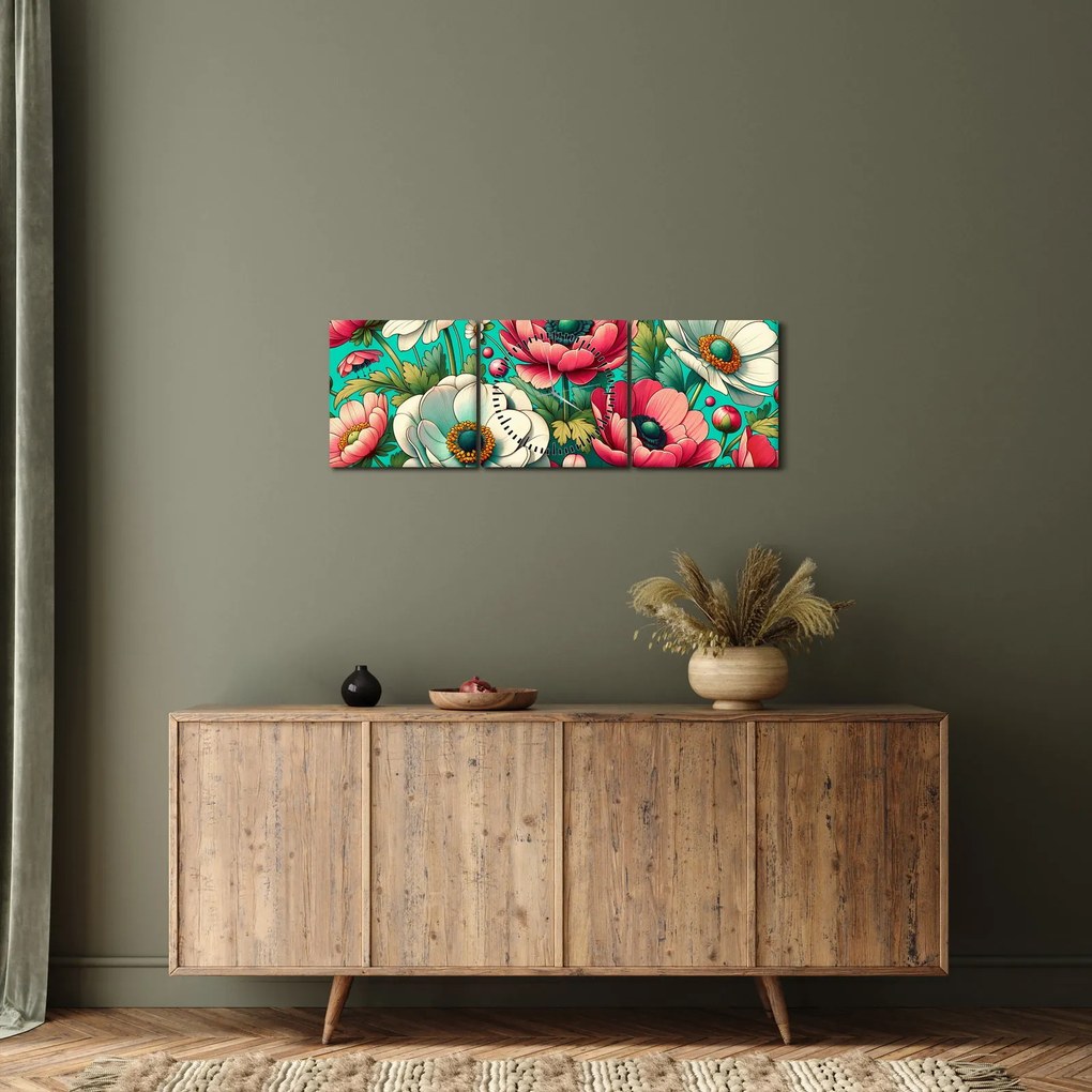 Obraz - Kvety na modrom pozadí (s hodinami) (90x30 cm)