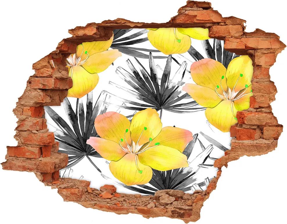 Nálepka 3D diera betón Tropické kvety WallHole-cegla-90x70-112718901