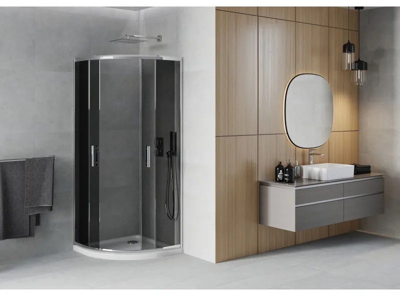 Mexen Rio, štvrťkruhový sprchovací kút s posuvnými dverami 90 x 90 cm, 6mm šedé sklo, chrómový profil + biela sprchová vanička, 863-090-090-01-40-4110