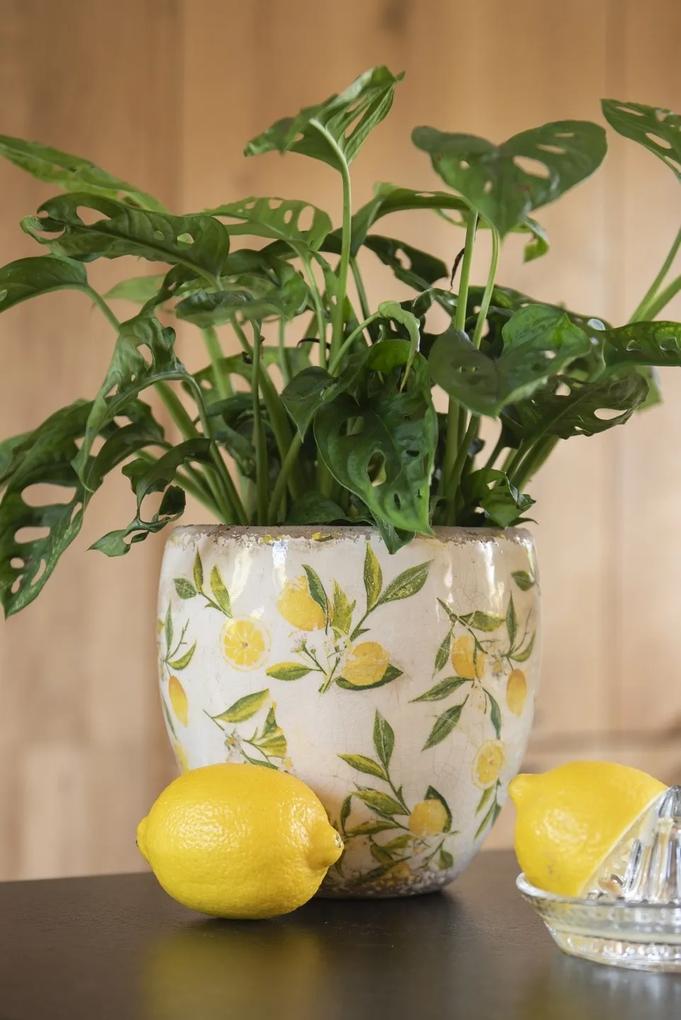 Béžový keramický obal na kvetináč s citrónmi Lemonio M - Ø18*17 cm