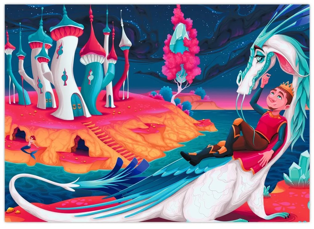Sklenený obraz - Princ a dračia princezná (70x50 cm)