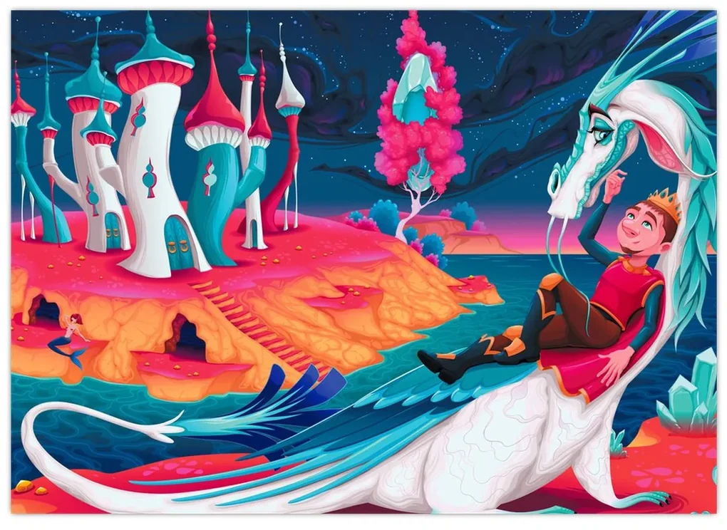 Sklenený obraz - Princ a dračia princezná (70x50 cm)