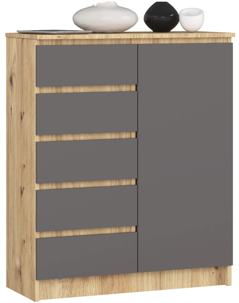 Komoda JERRY 80 cm 1 dvere 5 zásuviek dub artisan/antracitovo šedá
