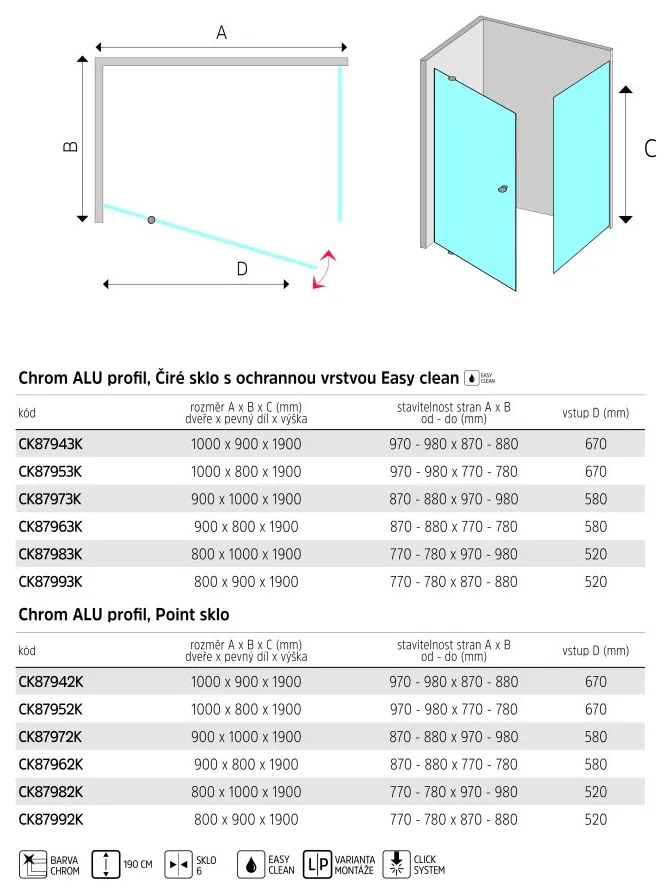 Mereo Mereo, Sprchový kút, Lima, obdĺžnik, pivotové dvere a pevný diel, chrom ALU, sklo Point, MER-CK87962K