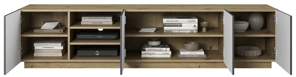 RTV skrinka Asha 200 cm s ryhovaným čelom - artisan / rivier stone mat