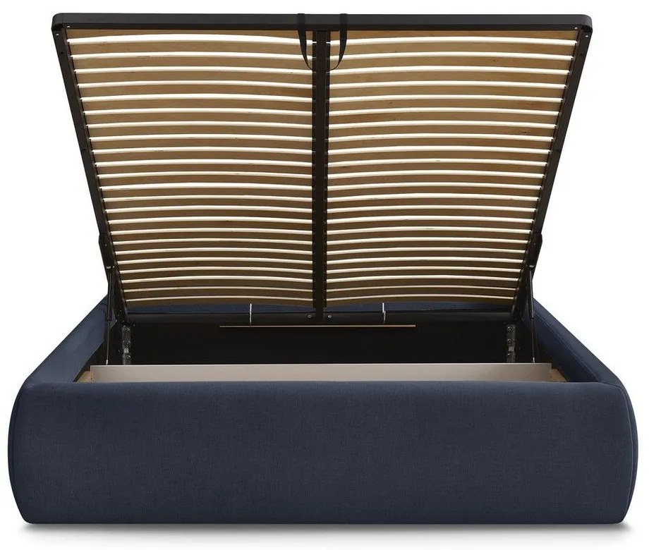 Tmavomodrá čalúnená dvojlôžková posteľ s úložným priestorom/bez čela s roštom 160x200 cm Inera – Bobochic Paris