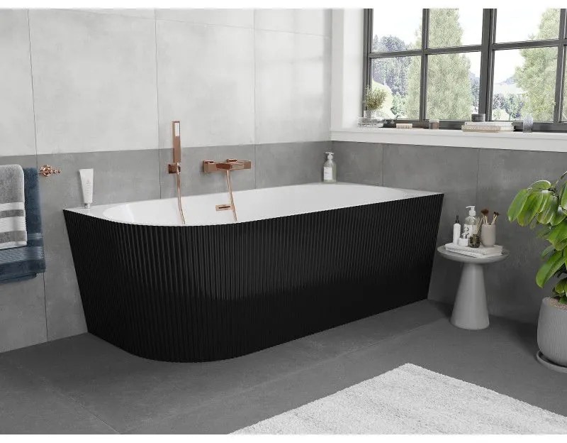Mexen Silo, rohová voľne stojaca ryhovaná vaňa, pravá, 150 x 75 cm, biela-čierna, medený matný prepad, 52891507575P-65