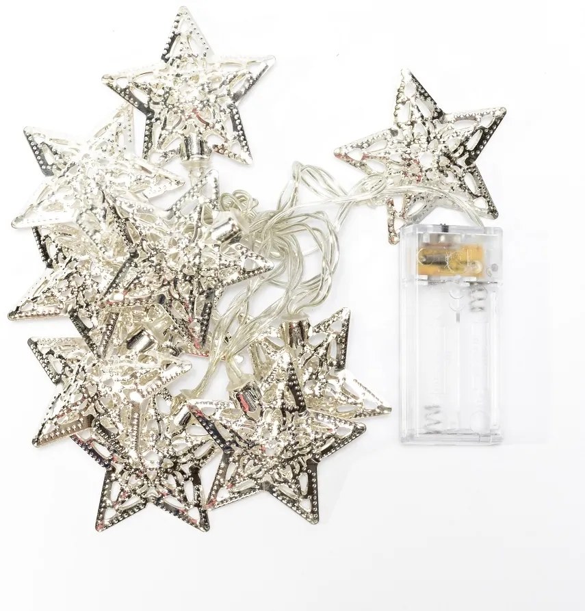 DECOLED LED světelný řetěz na baterie, kovové hvězdy, ledově bílá, 10 diod, 1,3 m