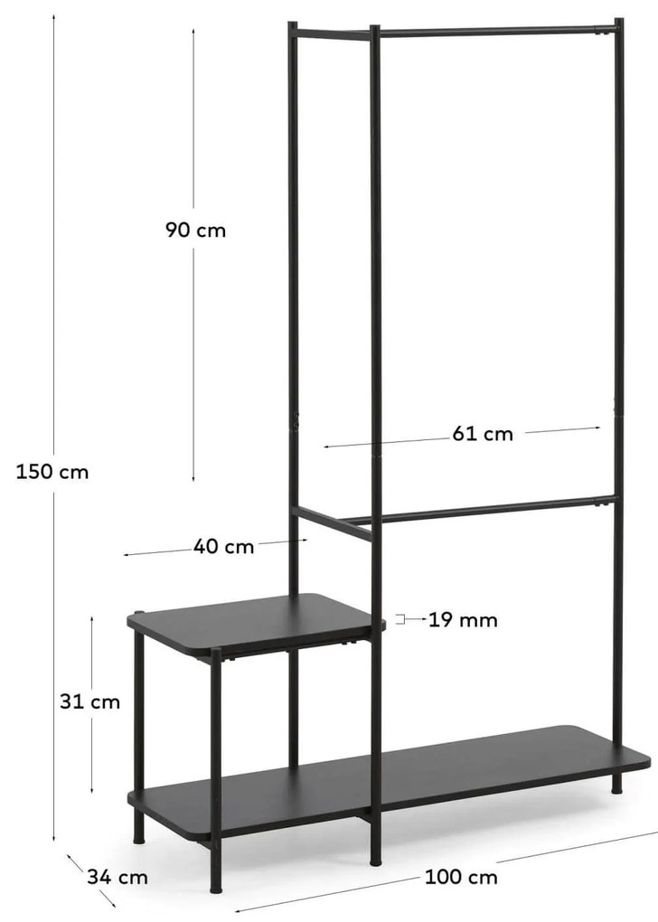 Šatňový regál s lavicou mabry 100 x 150 cm čierny MUZZA