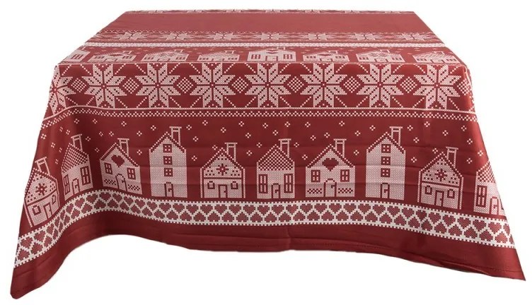 Tmavočervený zimný obrus s domčekmi a vločkami - 140*220 cm