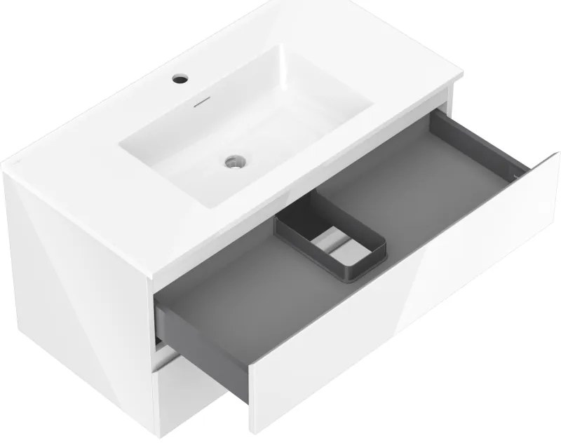Mexen Orio, kúpeľňová skrinka 90 cm s umývadlom Otis, 2 zásuvky, biela lesklá, 91A10-09047-2-BFF00-W18M00