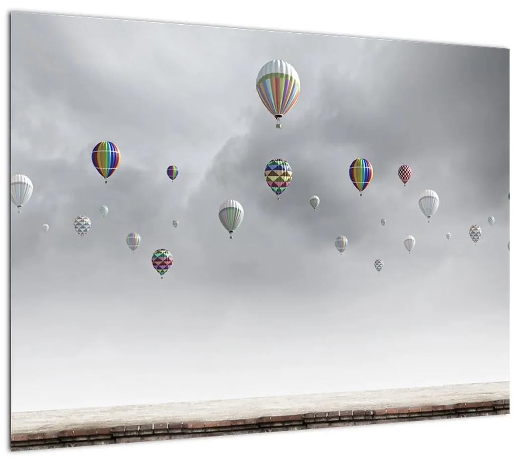 Sklenený obraz - Balóny nad tehlovou stenou (70x50 cm)