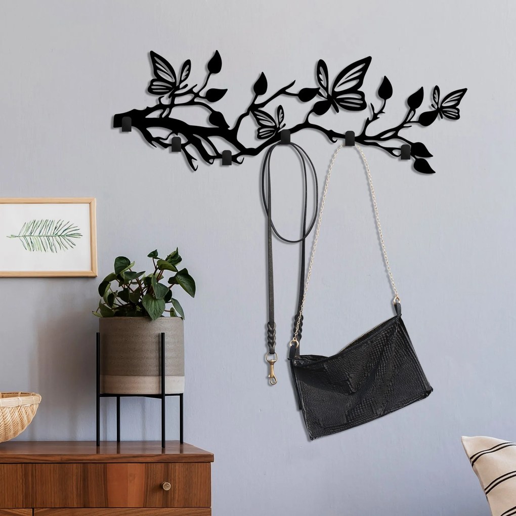 Nástenný kovový vešiak Motýľ 60 cm čierny