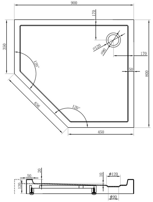 Mexen Flow+, päťuholníková sprchová vanička, pravá, 90 x 80 cm, biela lesklá, 46P108090RH