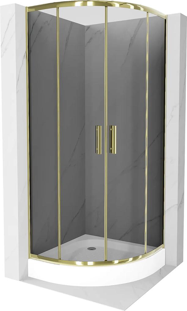 Mexen Rio, štvrťkruhový sprchovací kút s posuvnými dverami 90 (dvere) x 90 (dvere) x 190 cm, 5mm šedé sklo, zlatý profil + biela sprchová vanička RIO, 863-090-090-50-0-4710