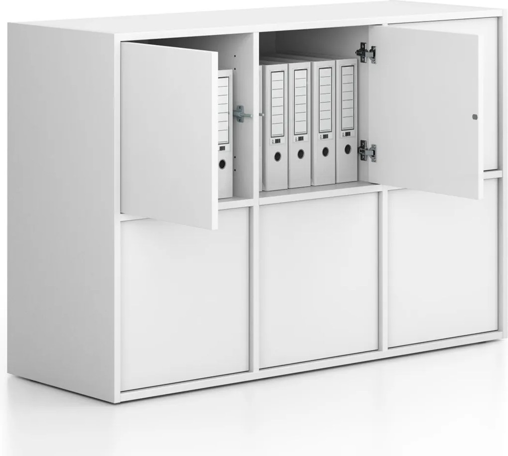 Kancelárska skriňa FRAME, nízka, 6x dvere, 1299 x 450 x 881 mm, PUSH-lock, biela