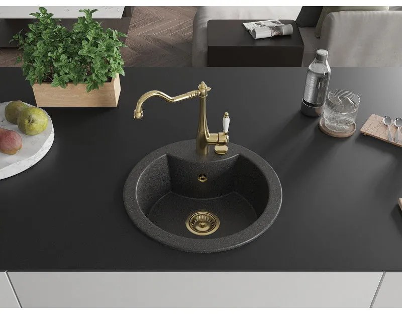 Mexen Diego, granitový drez 488x488x167 mm, 1-komorový a drezová batéria Carla, čierna škvrnitá, 6512-76-670700-50