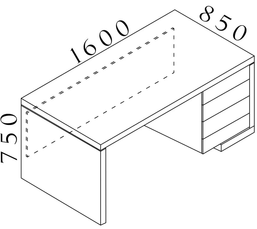 Stôl Lineart 160 x 85 cm + pravý kontajner, brest tmavý / biela