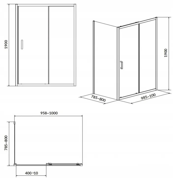 Cersanit Arteco, sprchový kút s posuvnými dverami 100 (dvere) x 80 (stena) x 190 cm, 5mm číre sklo, chrómový profil, S157-011