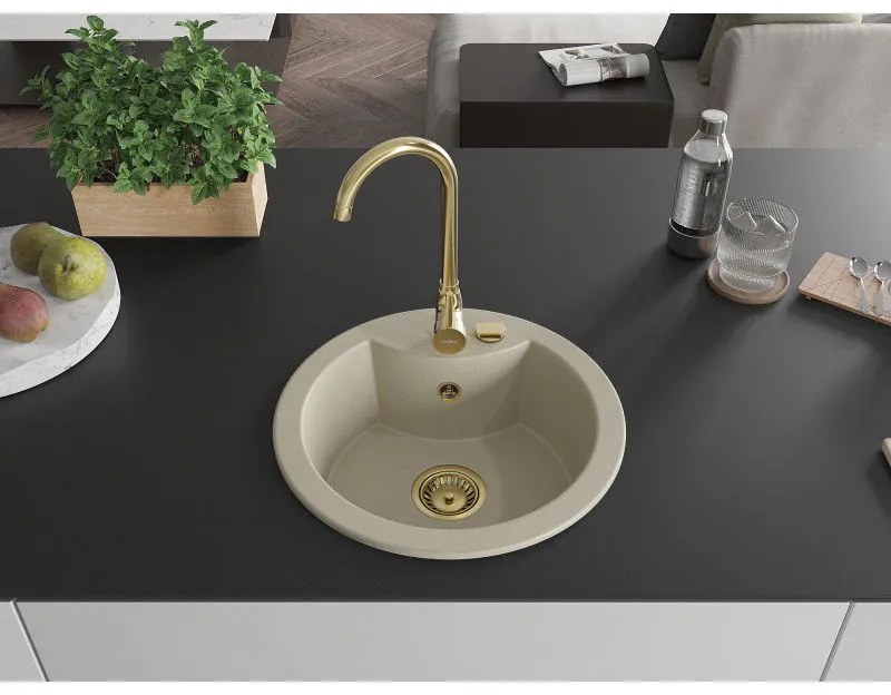Mexen Diego, 1-komorový granitový drez 488x488x167 mm, zlatý sifón, zlatá lesklá batéria Telma, béžová, 6512-69-670200-50