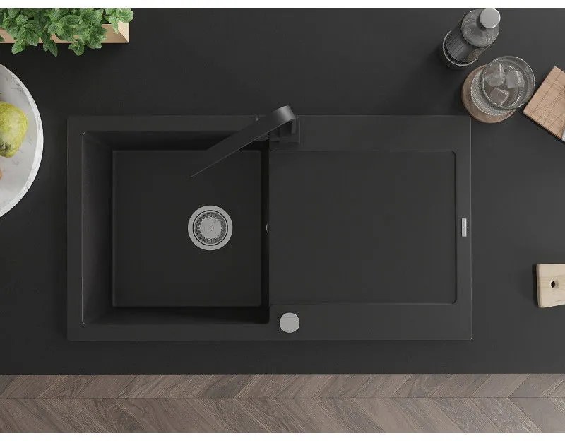 Mexen Leo, drez granitový 900x500x190 mm, 1-komorový, čierna s chrómovým sifónom a čierna drezová batéria Rita, 6501-77-670300-70