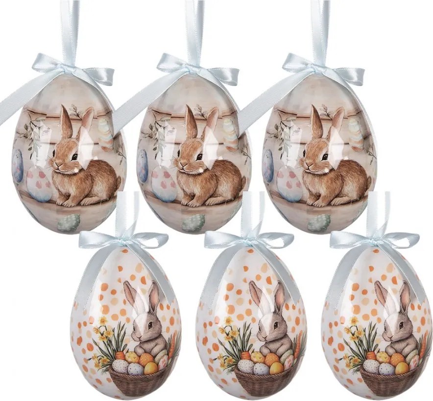 6ks dekorácie biele a béžové závesné vajíčko s zajačikmi Spring Egg - Ø 7*10 cm