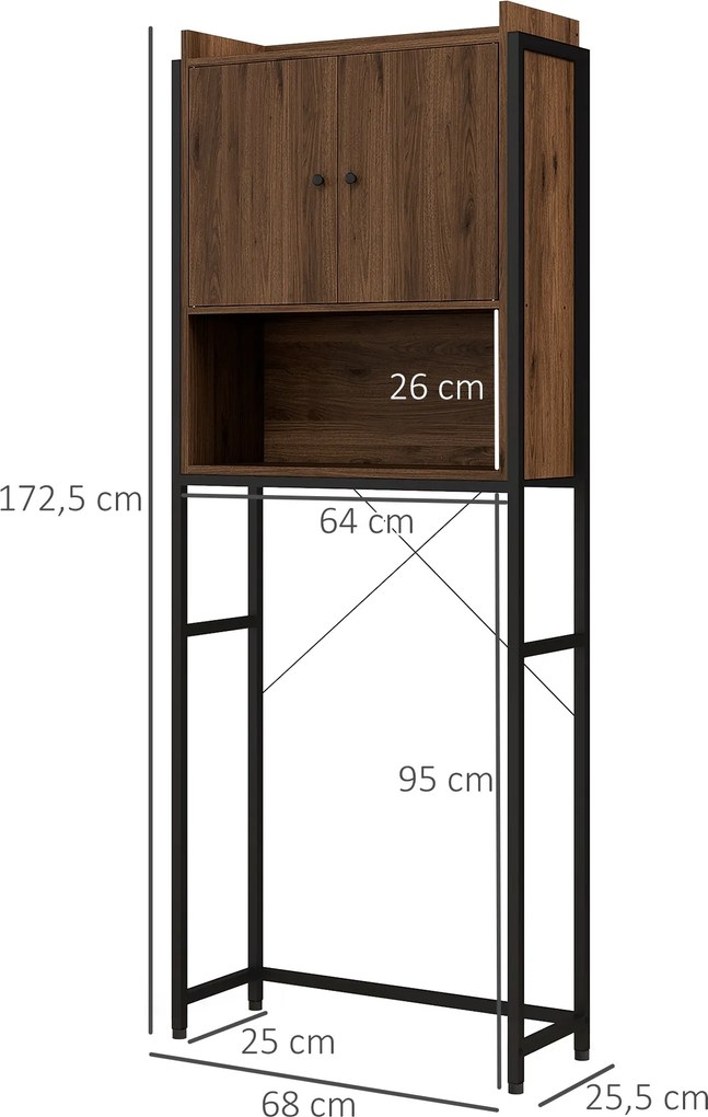 Kleankin Regal nad toaletu s úložným priestorom a 2 dverami - Hnedo-čierny 68 x 25,5 x 172,5 cm | Aosom