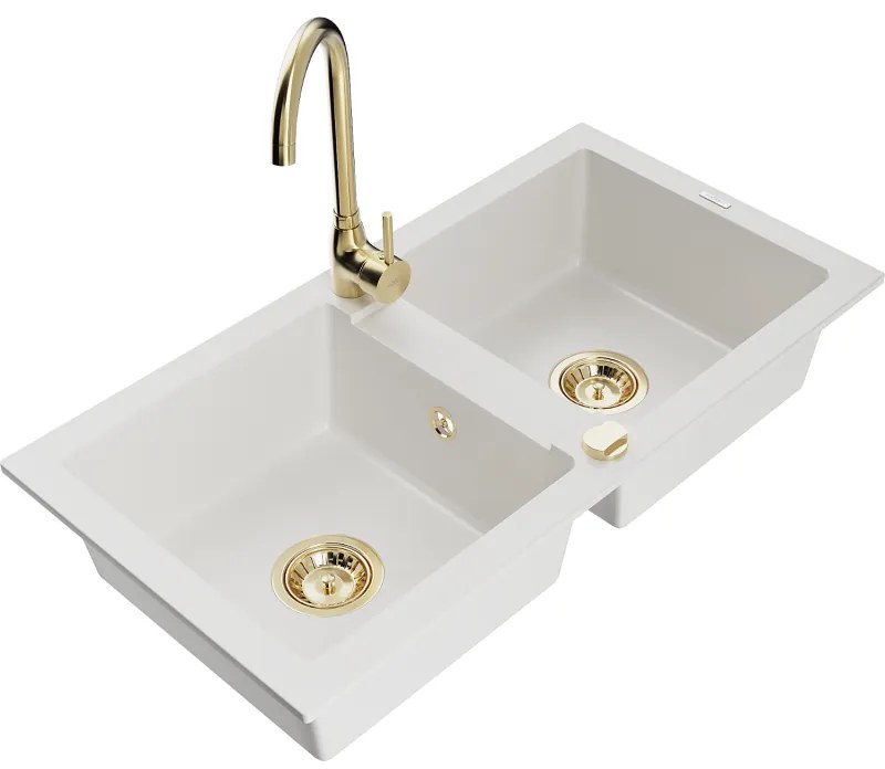 Mexen Mario, 2-komorový granitový drez 82x44 cm s kuchynskou batériou Telma, biela, 6504-20-670200-50