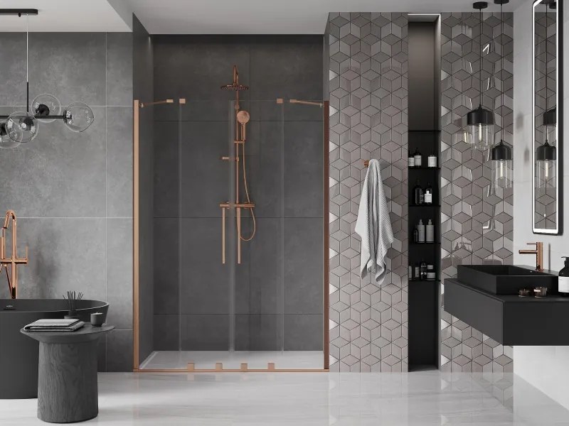 Mexen Velar Duo, posuvné dvere do otvoru 160x200 cm, 8mm číre sklo, medená matná, 871-160-000-02-65